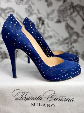 Bionda Castana Blue Suede Gold Studded “Lara” 4.5 in. Pump Heel, Szs 36/6 & 38/8
